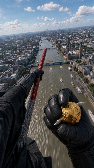 A caught golden snitch held in a gloved fist above London.