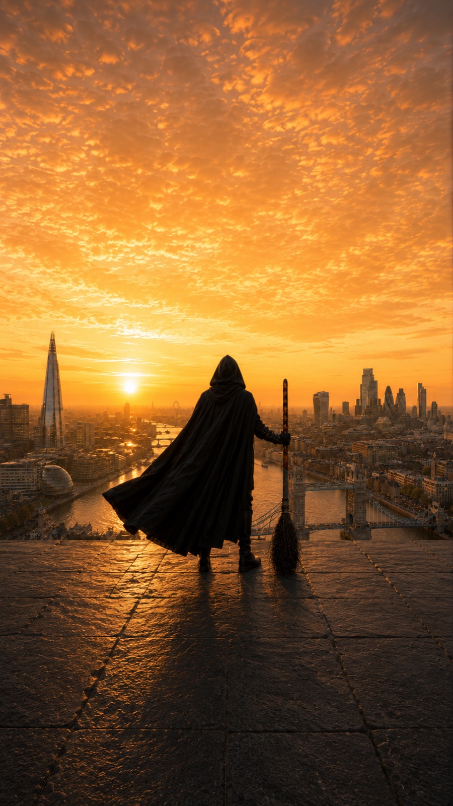 A hooded wizard stands on a London rooftop at sunrise, broomstick planted beside him.