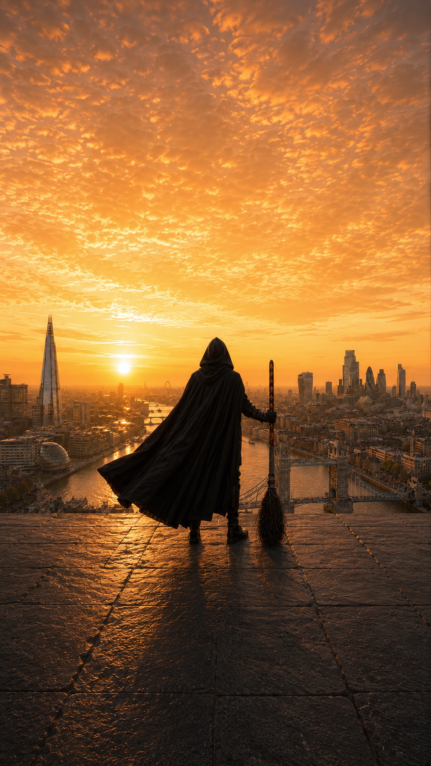 The Wizard Verse wallpaper — hooded wizard over sunrise London