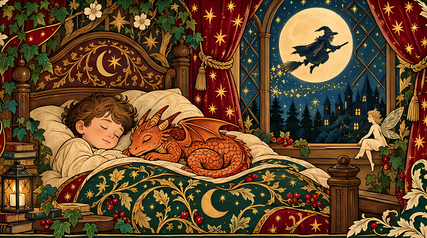 A child asleep in a carved wooden bed with Apollo, a copper baby dragon, curled up beside them, under a full moon.