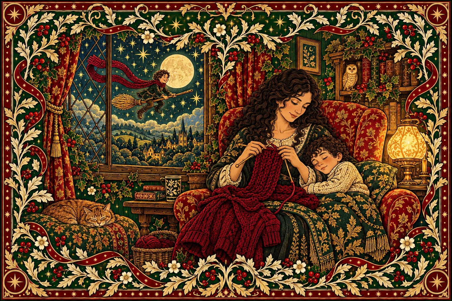 Darius's mum knitting a red scarf by the fire while a small boy sleeps against her.